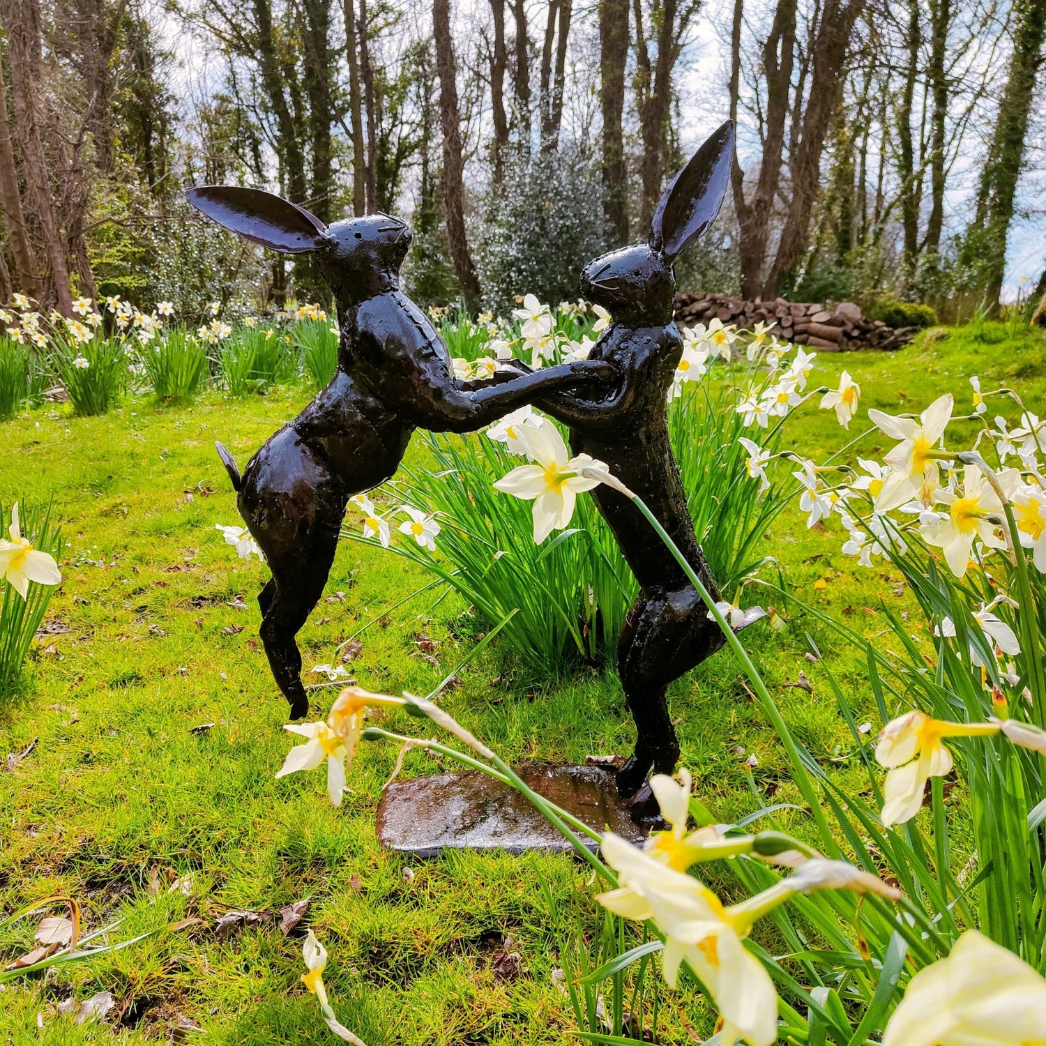 Recycled Metal Boxing Hares Garden Sculptures